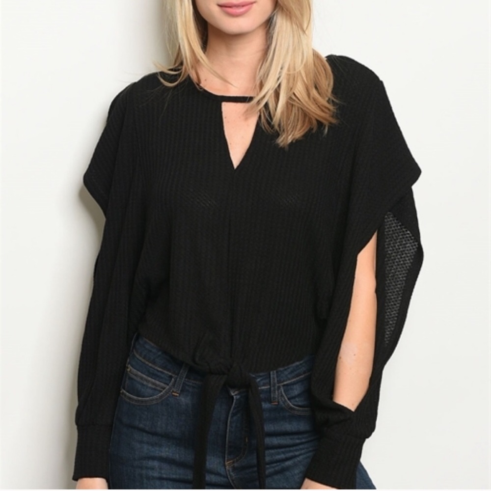 Black Ruffled Tie Front Knit Top